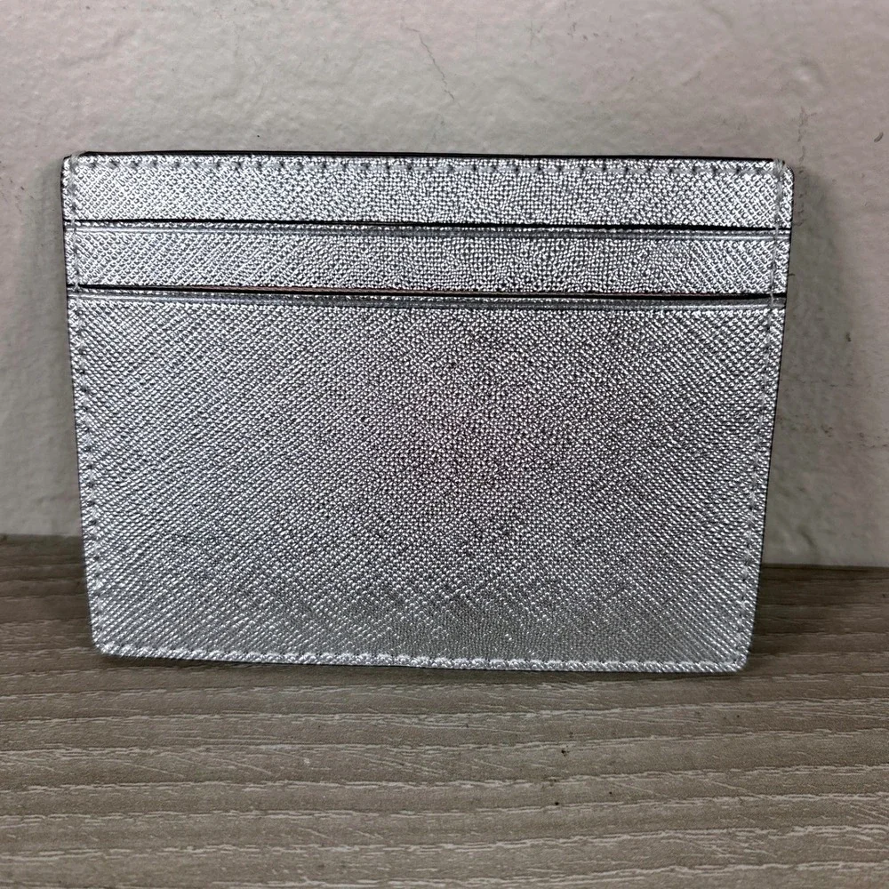 Kate Spade New York Silver Metallic Saffiano Leather Slim Card Holder Wallet